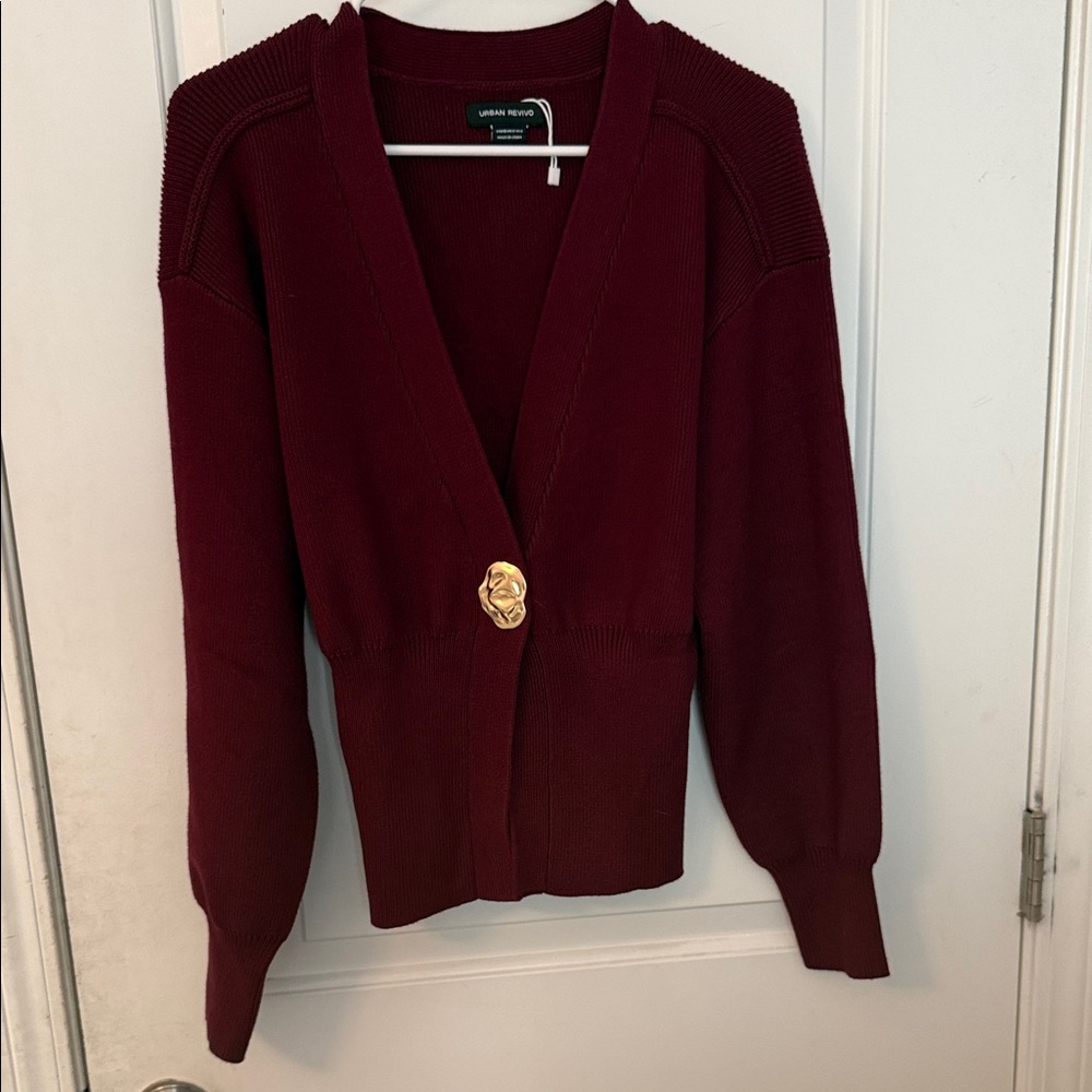 Elegant Burgundy Cardigan with Gold Accent